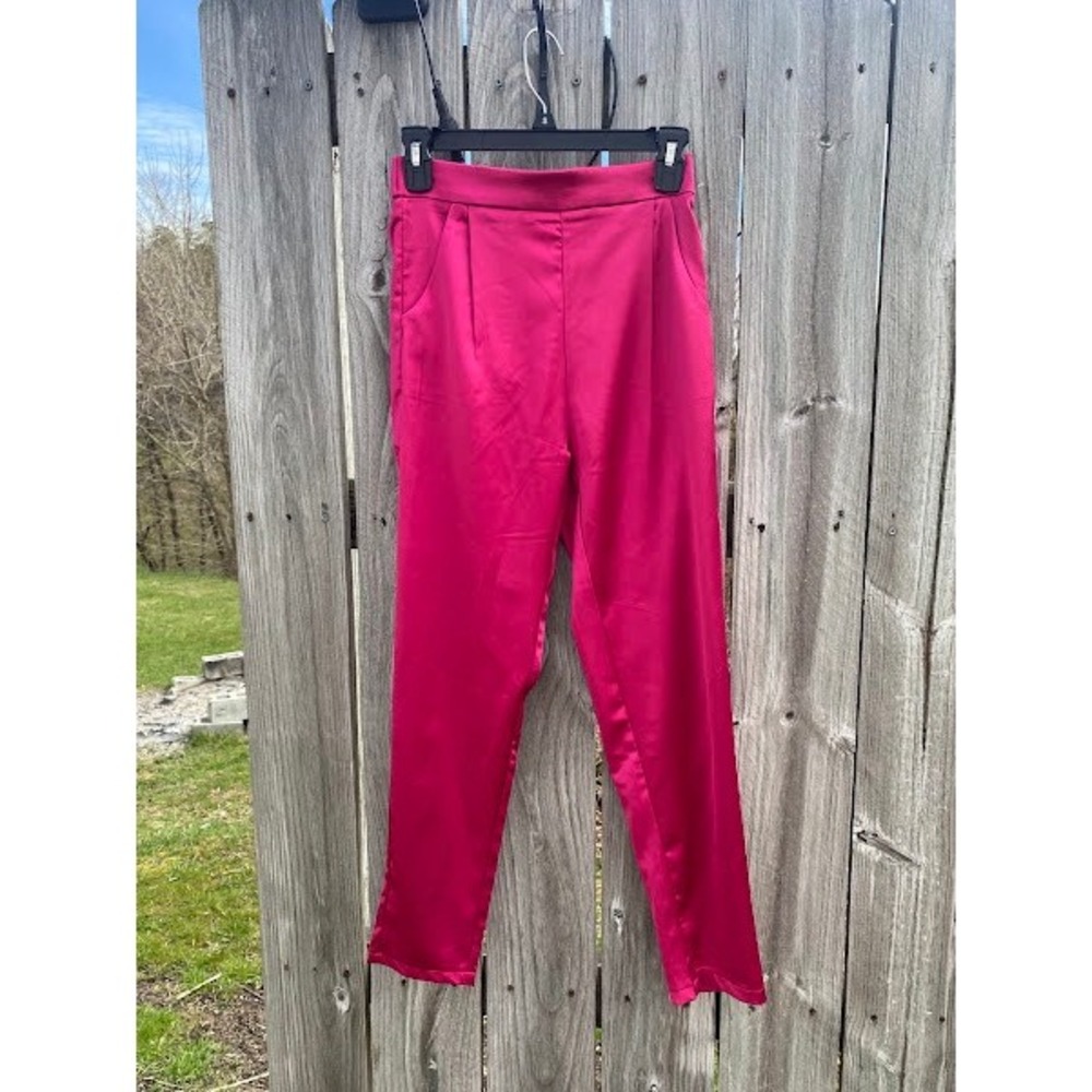 Magenta Pink Satin High‎ Waisted Pleated Trousers Womens Small Elastic Back